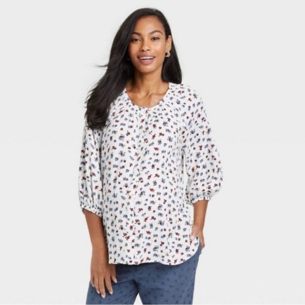 The Nines by Hatch Ivory Floral Maternity Tunic Top XXL 3/4 Sleeve Rayon Cotton‎